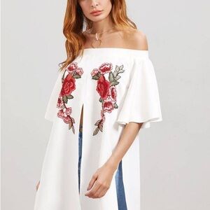 Red and White Short Sleeve Embellished Blouse